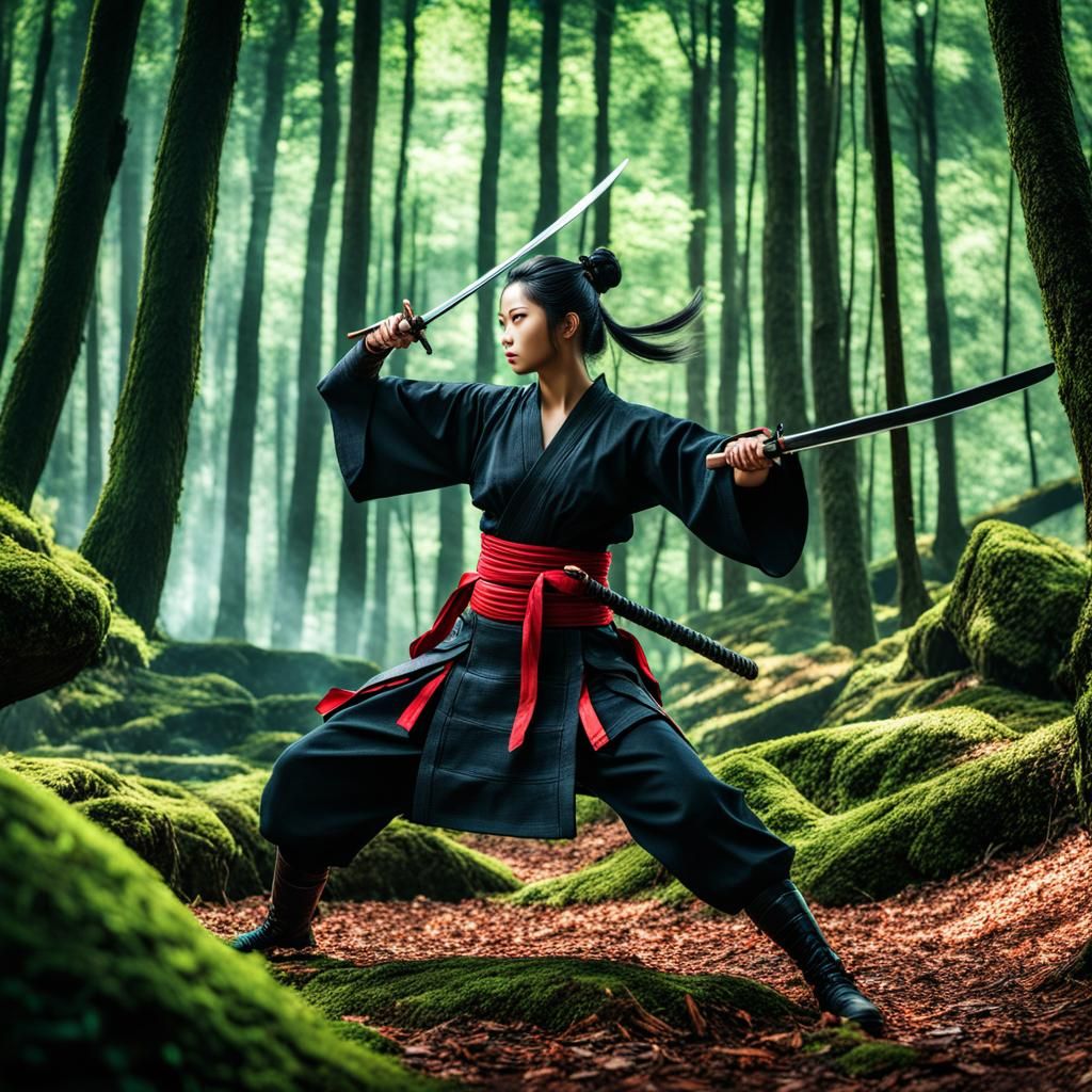 Kunoichi Battles Samurai in Forest: Hyperrealistic HDR