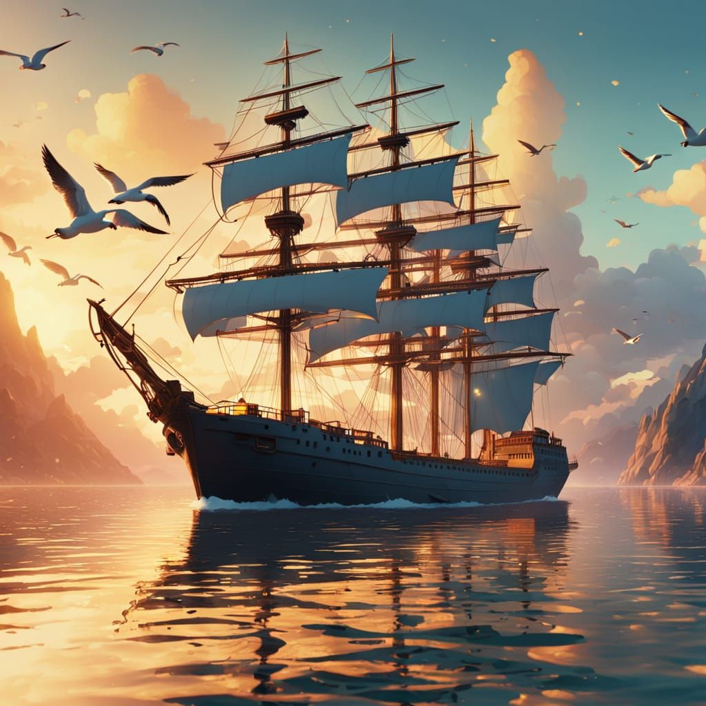 Ship Sails on Golden Horizon in Pixar Style