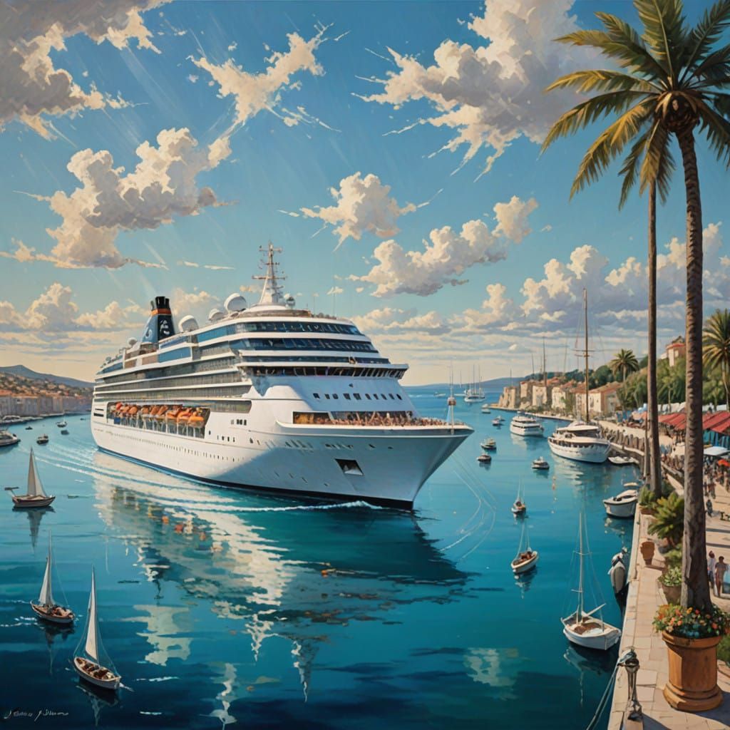 Luxury Cruise Liner Sails Mediterranean Waters in Golden Lig...