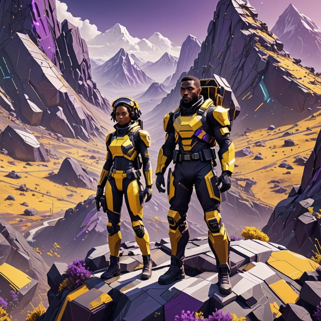 Futuristic Soldiers on Mountain in Low Poly Style