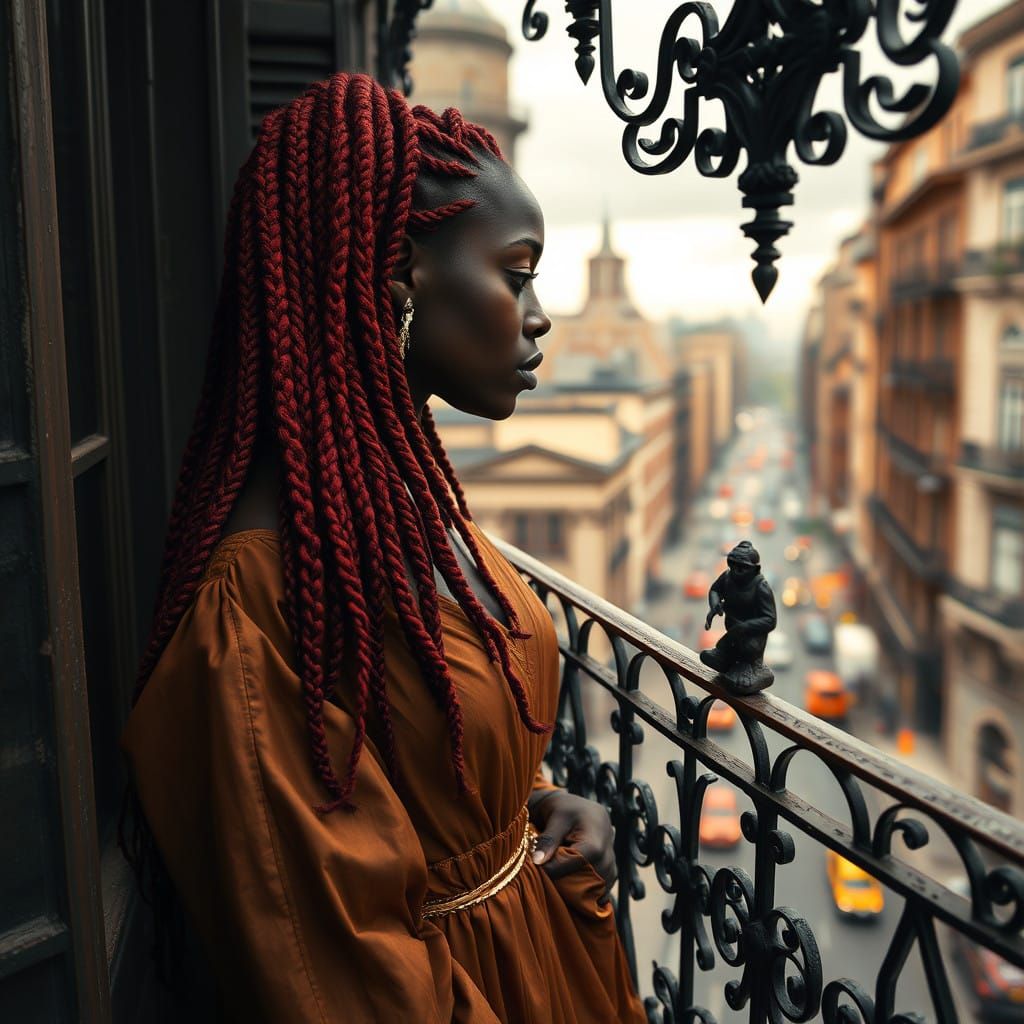 Elegant Woman Contemplates Vibrant Cityscape from Ornate Bal...