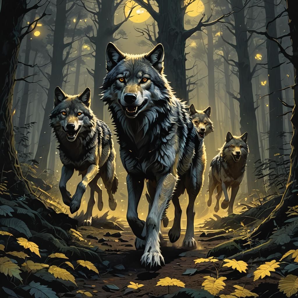 Dapple Grey Wolves Hunting in Dark Forest