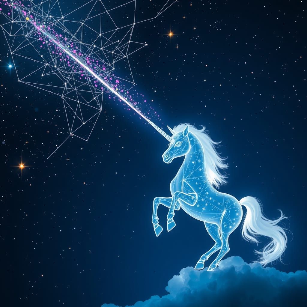 Celestial Unicorn Under Meteor Shower in Iridescent Galaxy