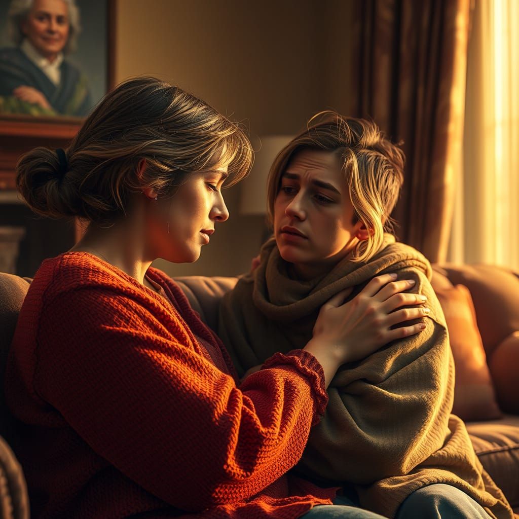 Motherly Comfort in a Golden-Lit Living Room