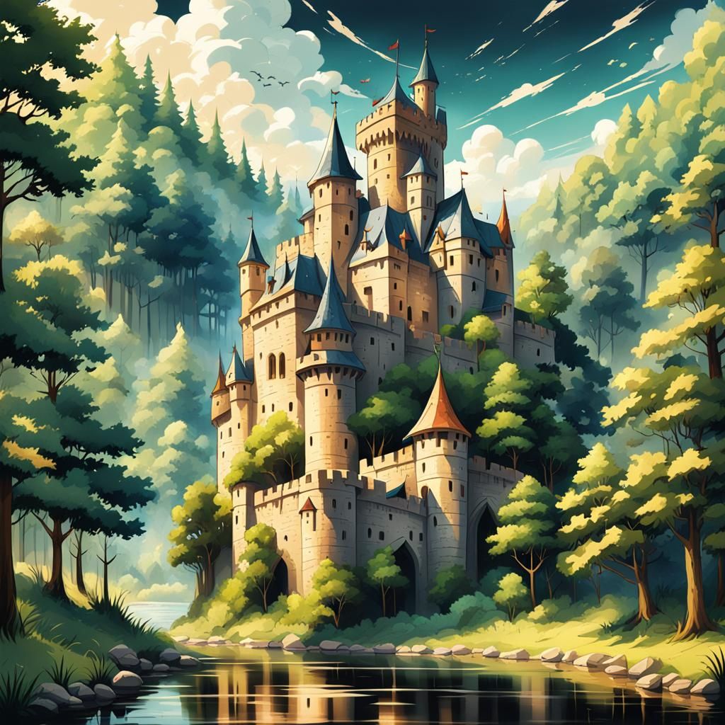 Detailed Medieval Castle in Forest, Anime Style
