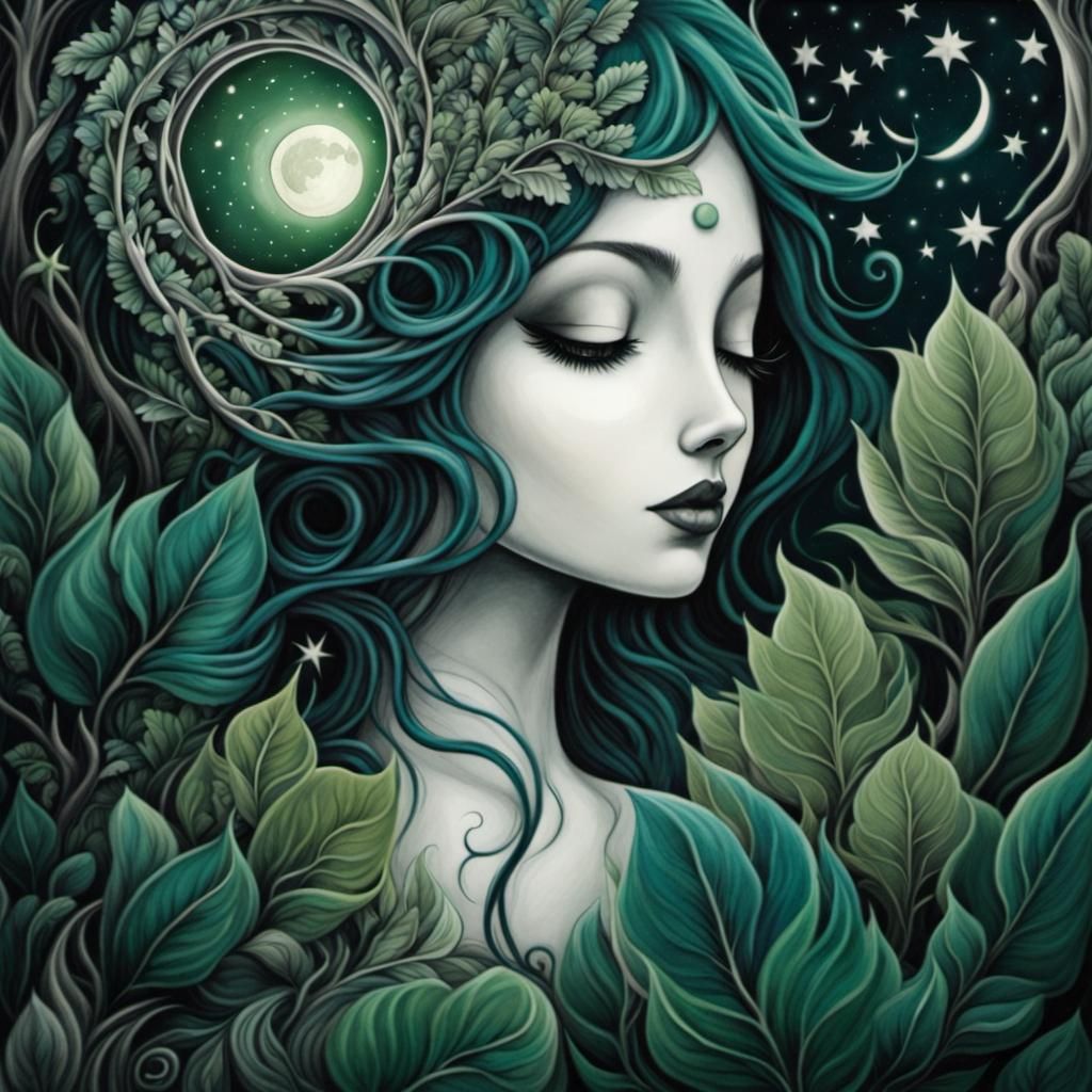 Moonlit Night Ink Drawing in Art Brut Style