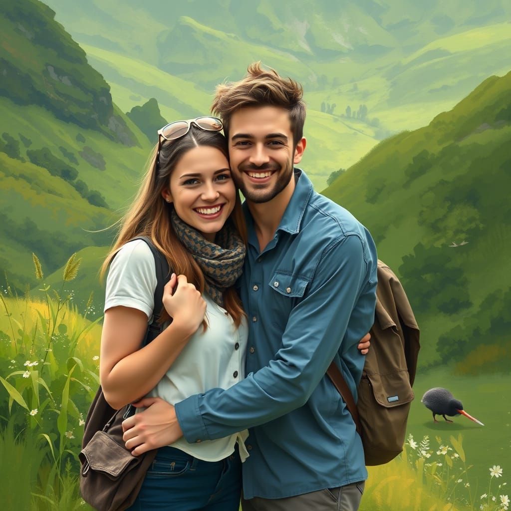 Kiwi Couple Embrace in Impressionist Landscape