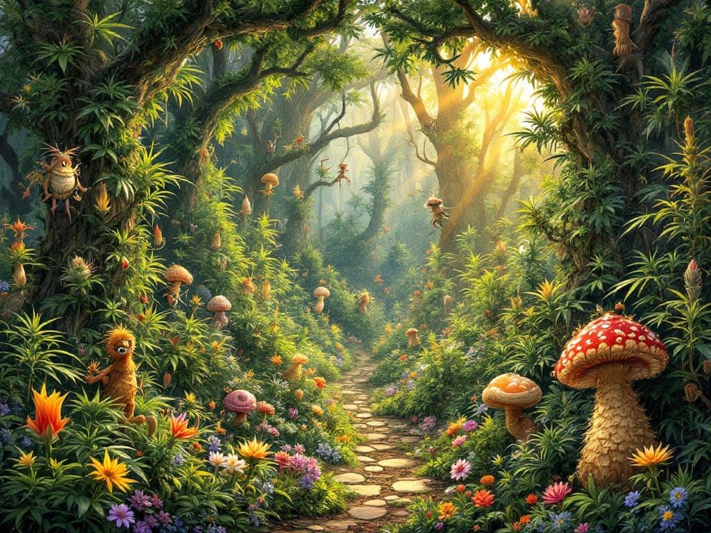 Enchanted Cannabis Forest in Whimsical Style