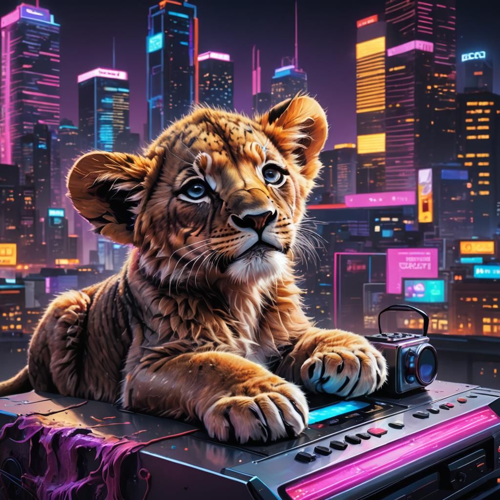 Lion Cub Relaxing in Futuristic Cityscape