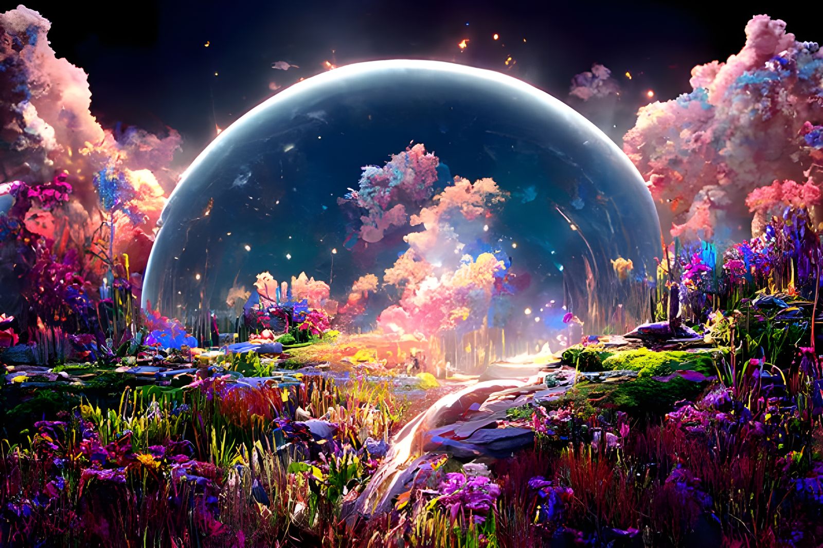 Iridescent Sci-Fi Zen Garden Under Cosmic Sky