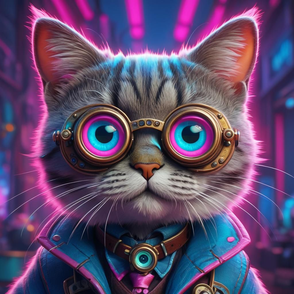 Steampunk Cat Portrait with Googly Eyes in 3D