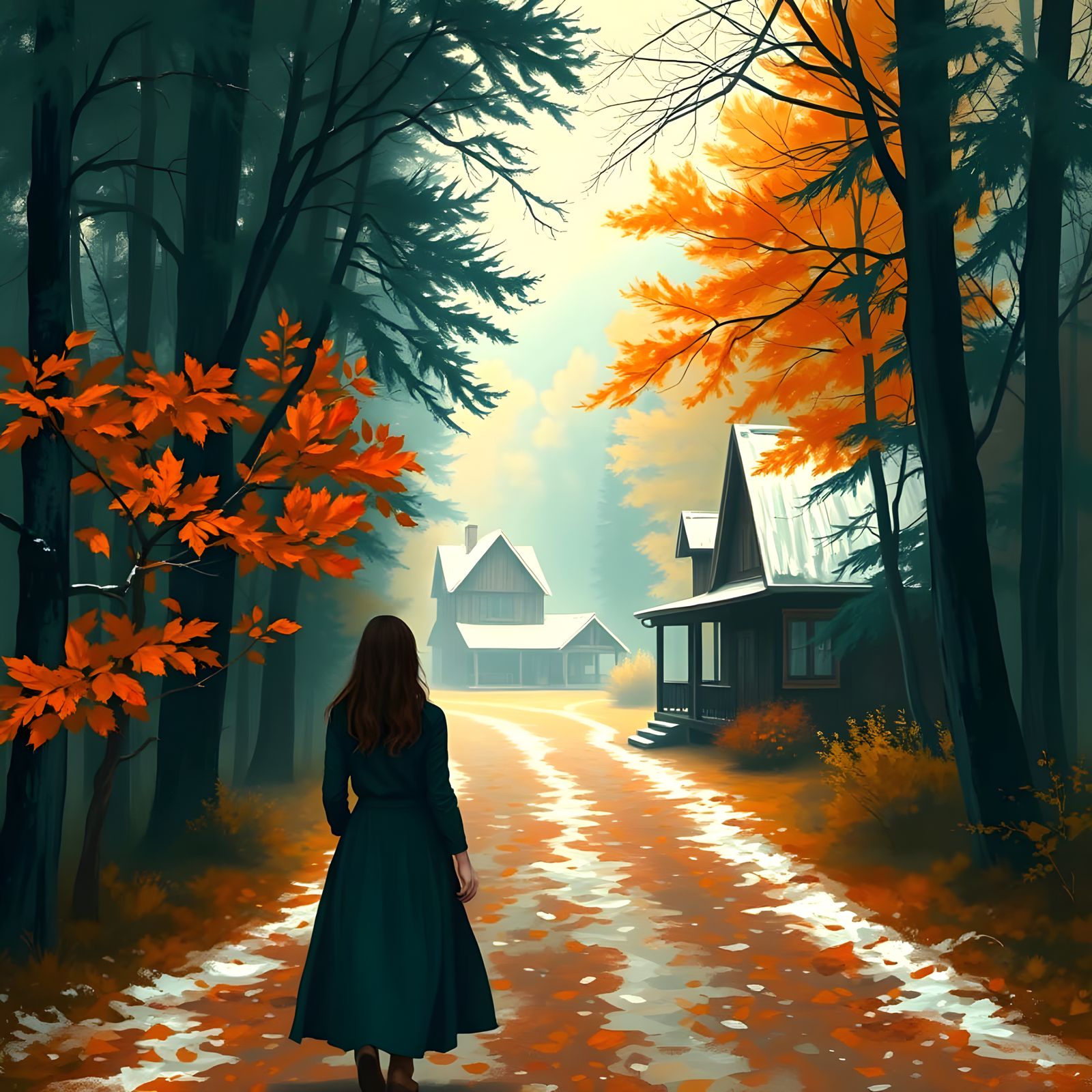 Misty Forest Path to Rustic Buildings in Impressionistic Sty...