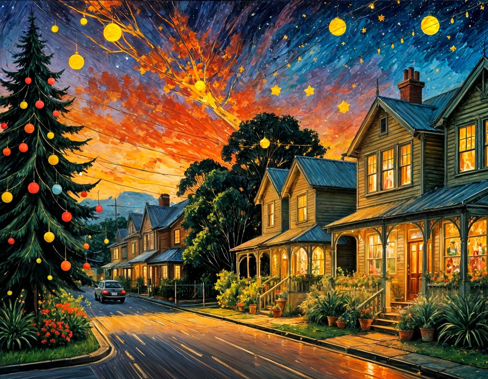 Christmas in Suburban Bliss, Masterpiece Painting Style