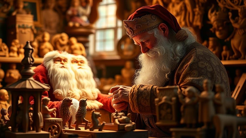 Santa Claus making toys in his workshop.
