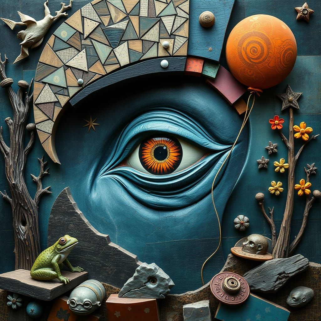 Cubist-Inspired Wood Sculpture with African Pattern and Surr...