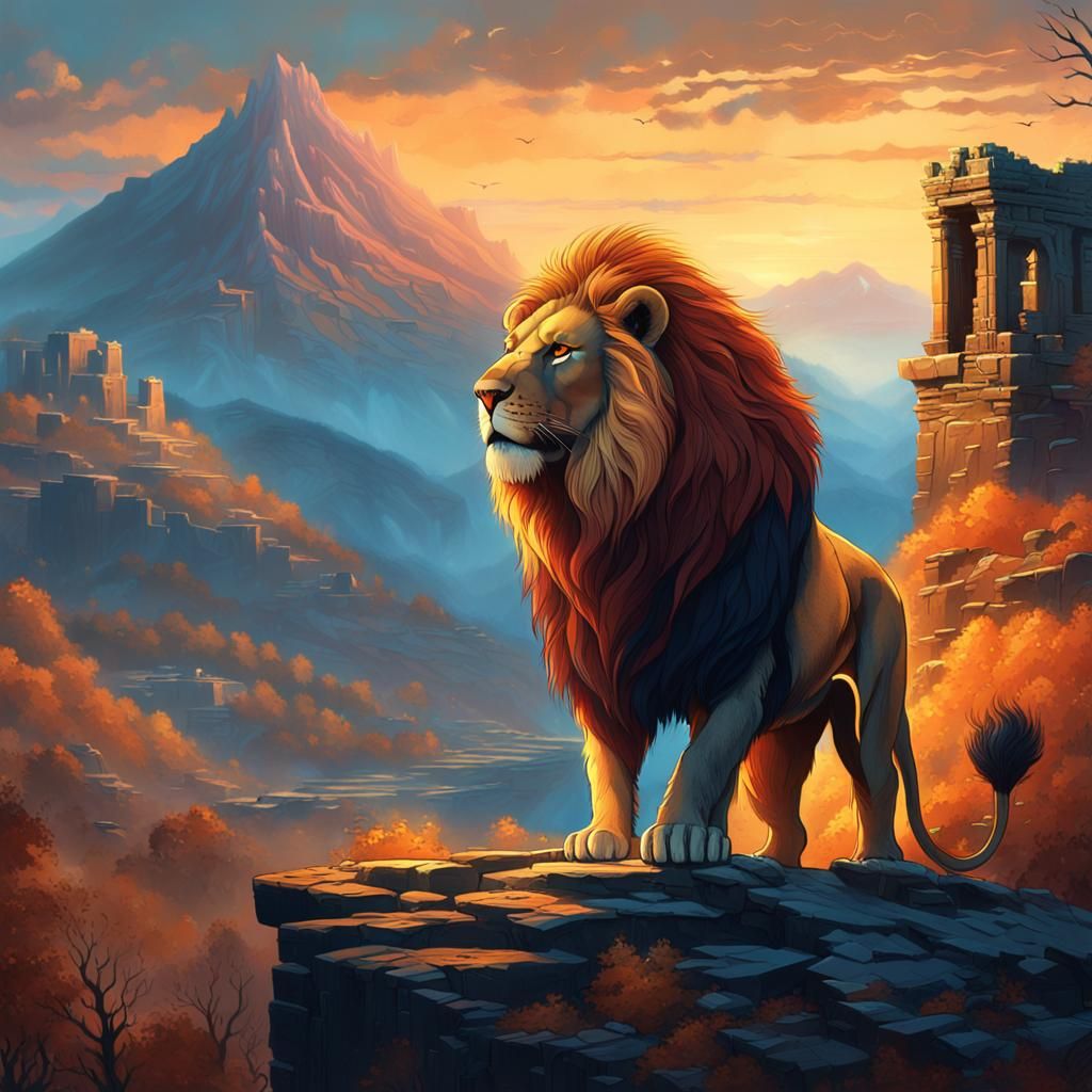 Majestic Lion Creature in Mystical Landscape
