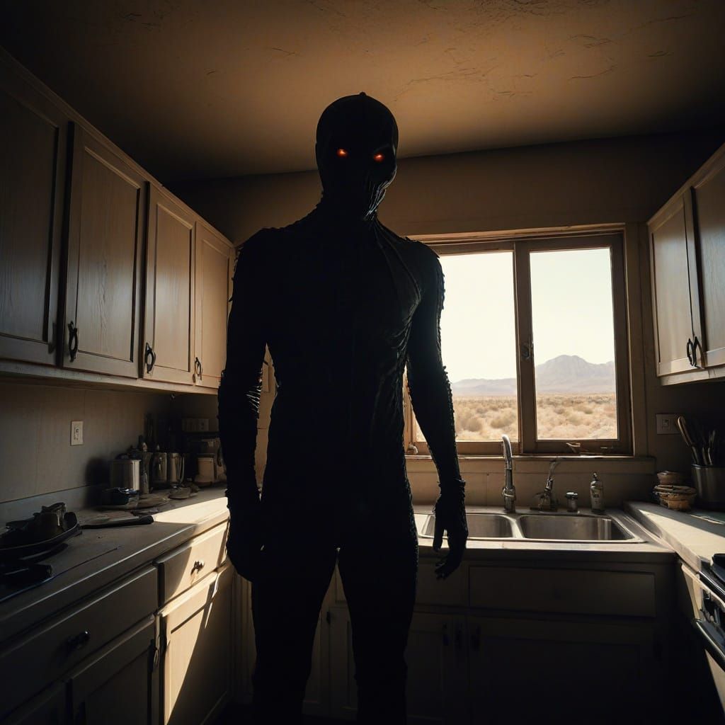 Eerie Desert Demon Lurks in Shadows, Ominous Glow