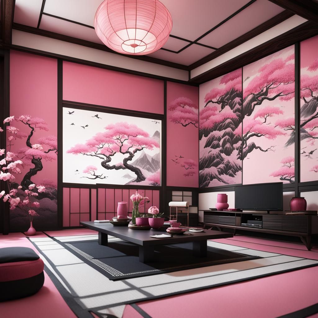 Japanese Living Room in Pink, White and Black