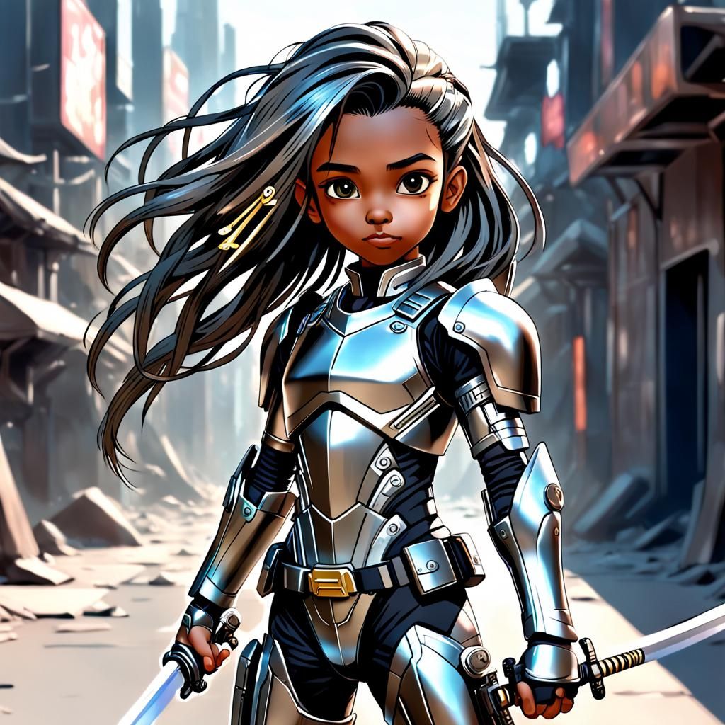 Cyberpunk Child Soldier in Futuristic Cityscape