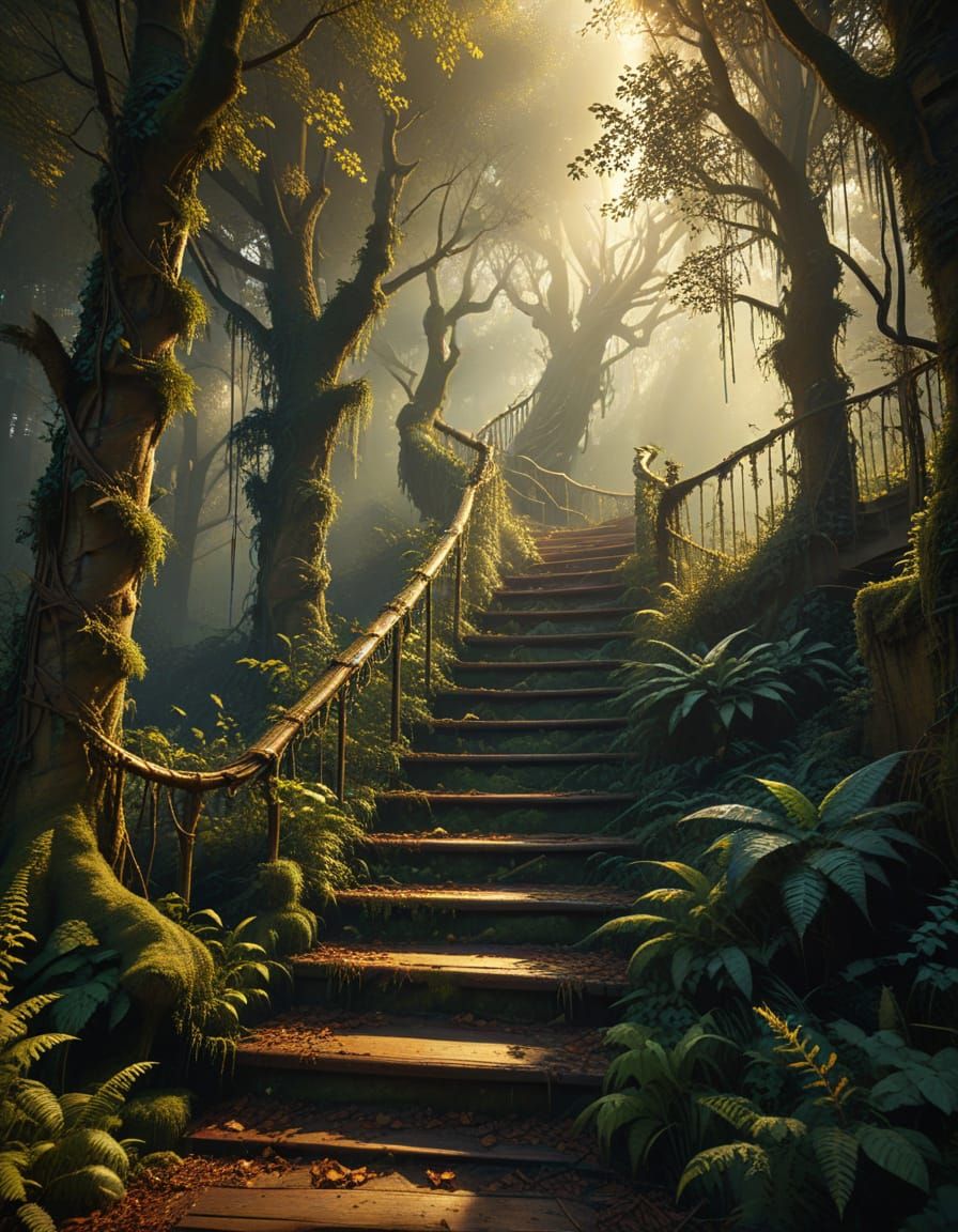 Forest Staircase in Digital Matte Painting Style