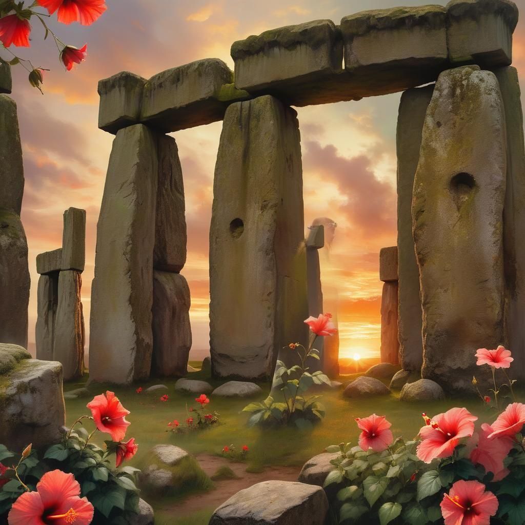 Stonehenge and Hibiscus in Oil Painting Style