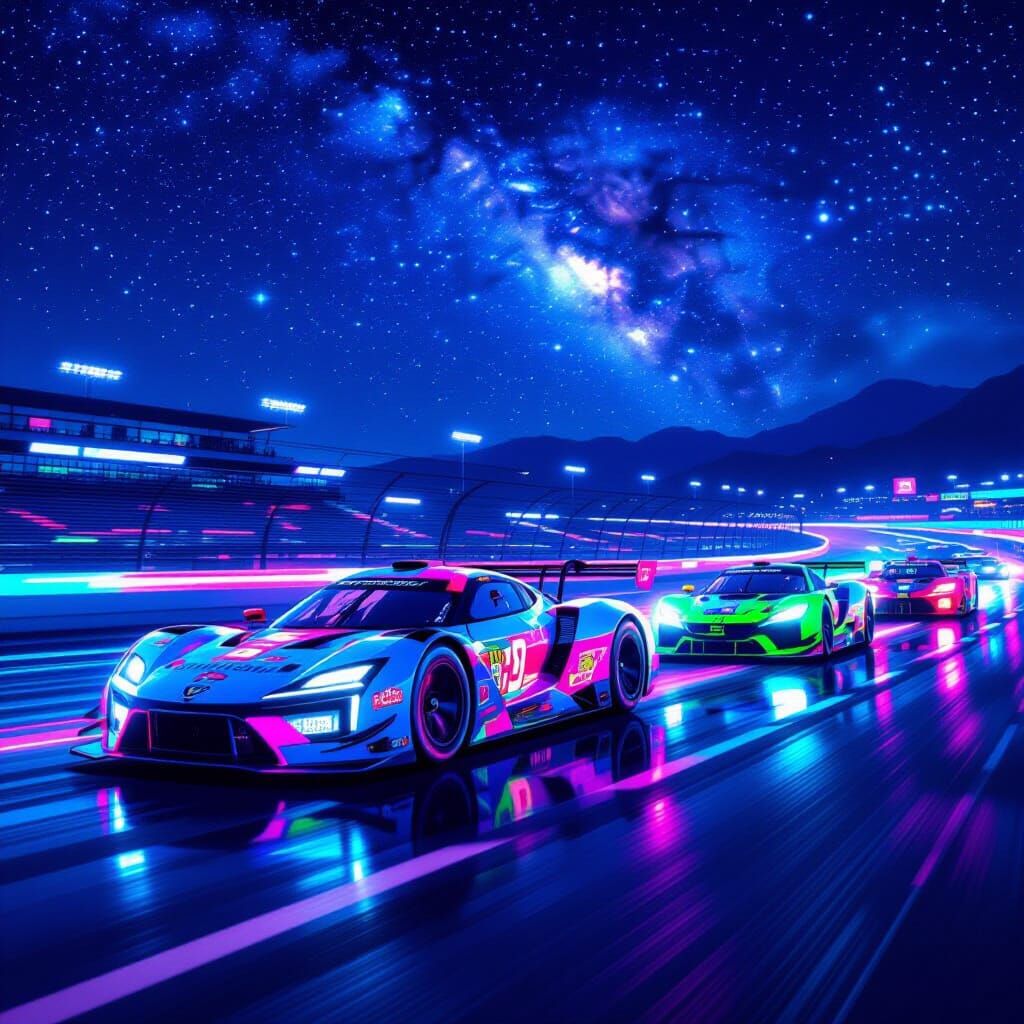 Neon Race Cars on Dark Track in Futuristic Style