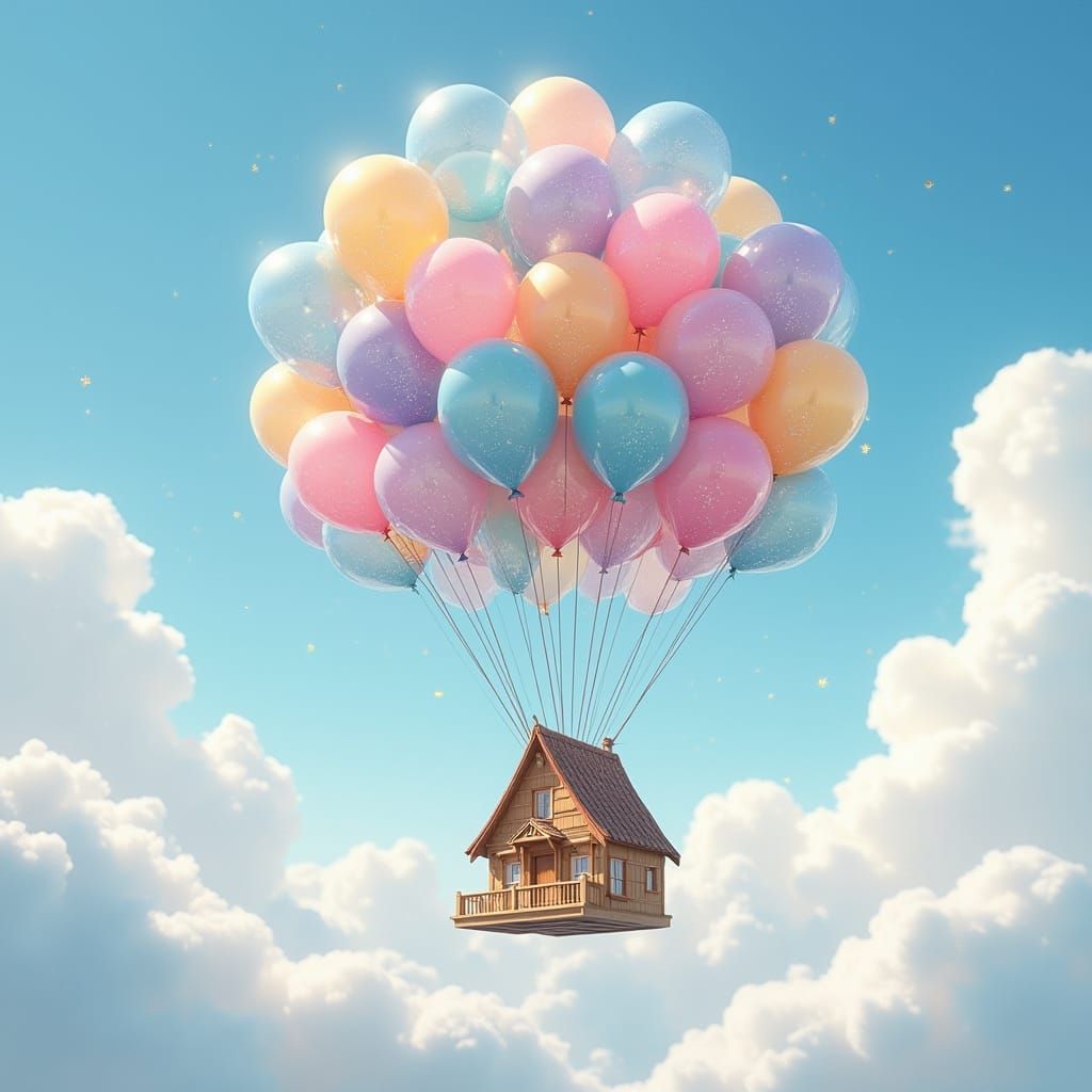 Whimsical House Carried by Glass Balloons into Clouds
