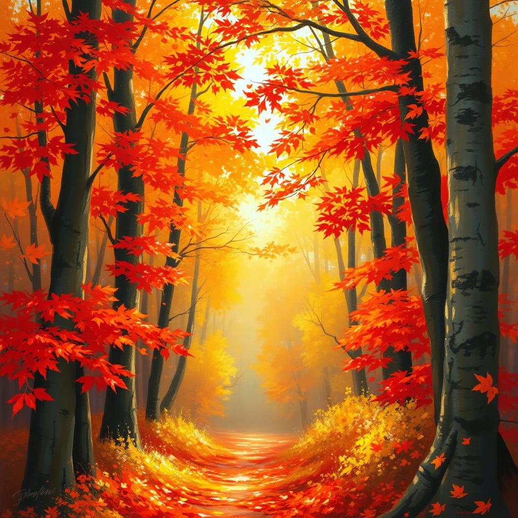 Vibrant Autumn Forest with Falling Leaves