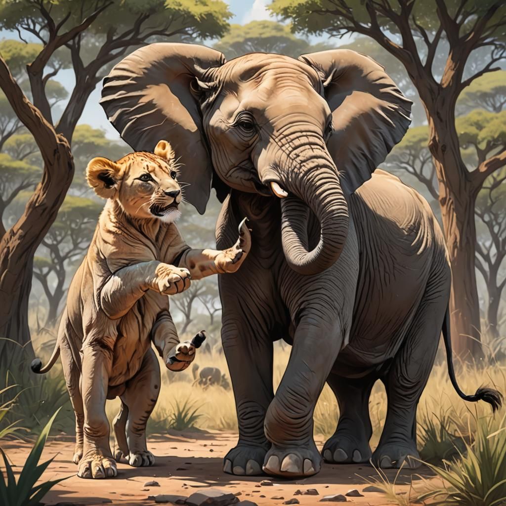 Elephant and Lion Cub Play in African Safari