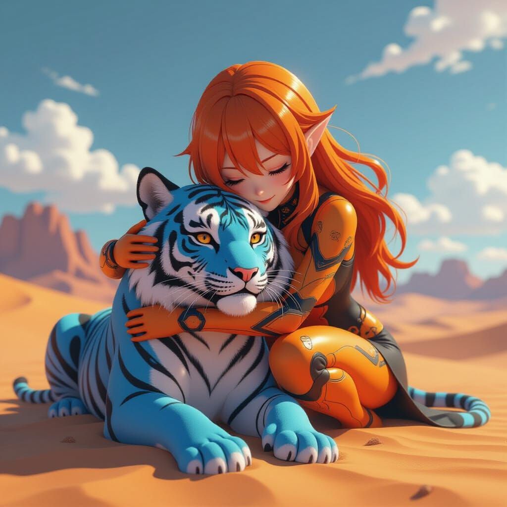 Orange Alien Girl Hugs Blue Tiger in Desert: 3D Game Cinemat...