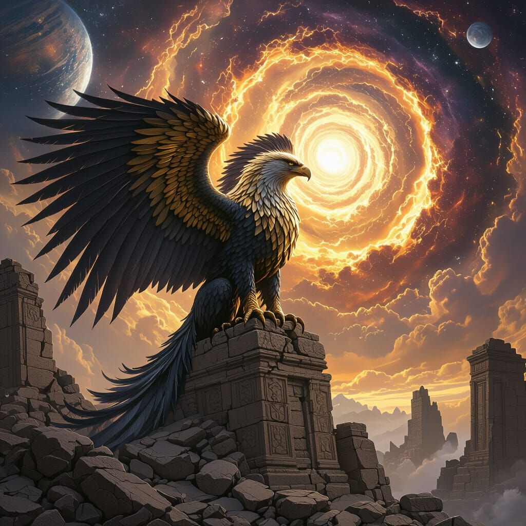 Golden Griffin Perched Atop Ancient Ruins