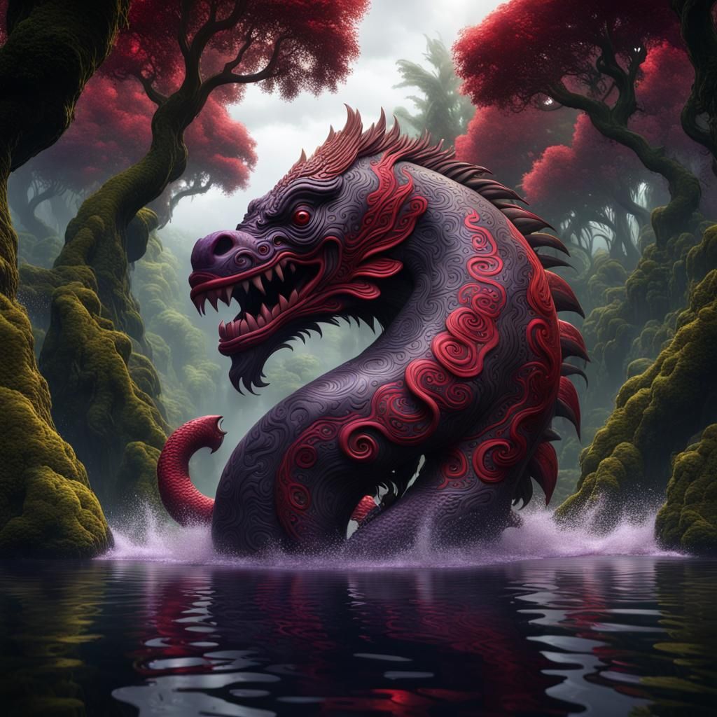 Maori Mythical Taniwha in Water: Dark Fantasy Art