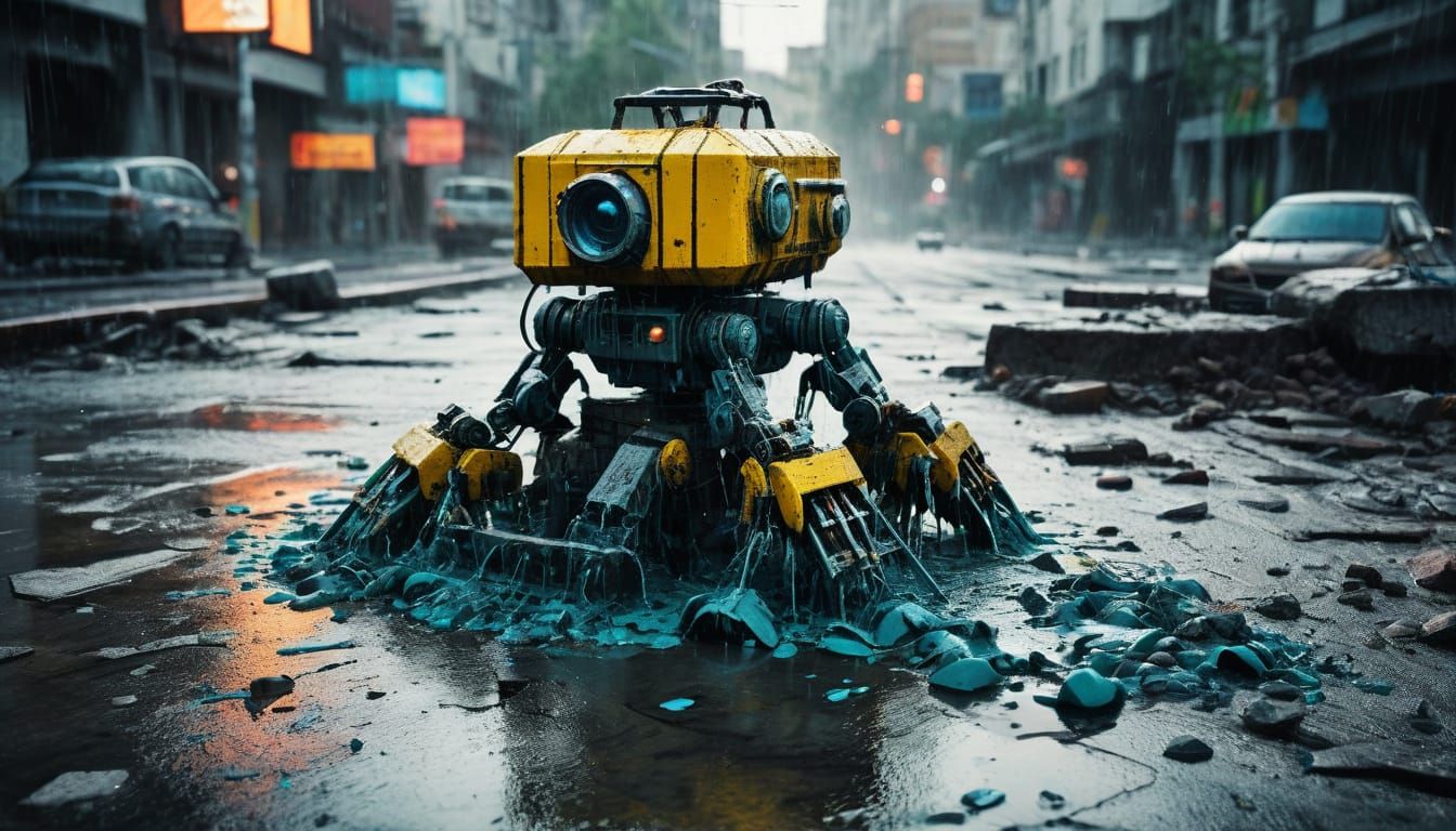 Hi-Tech Rain Collector Bots Fighting in Acrylic Style