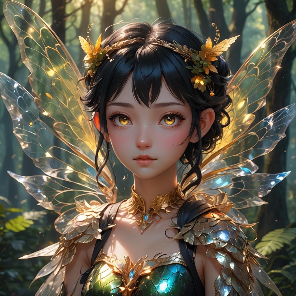Cute Fairy Girl with Holographic Wings in Anime Style