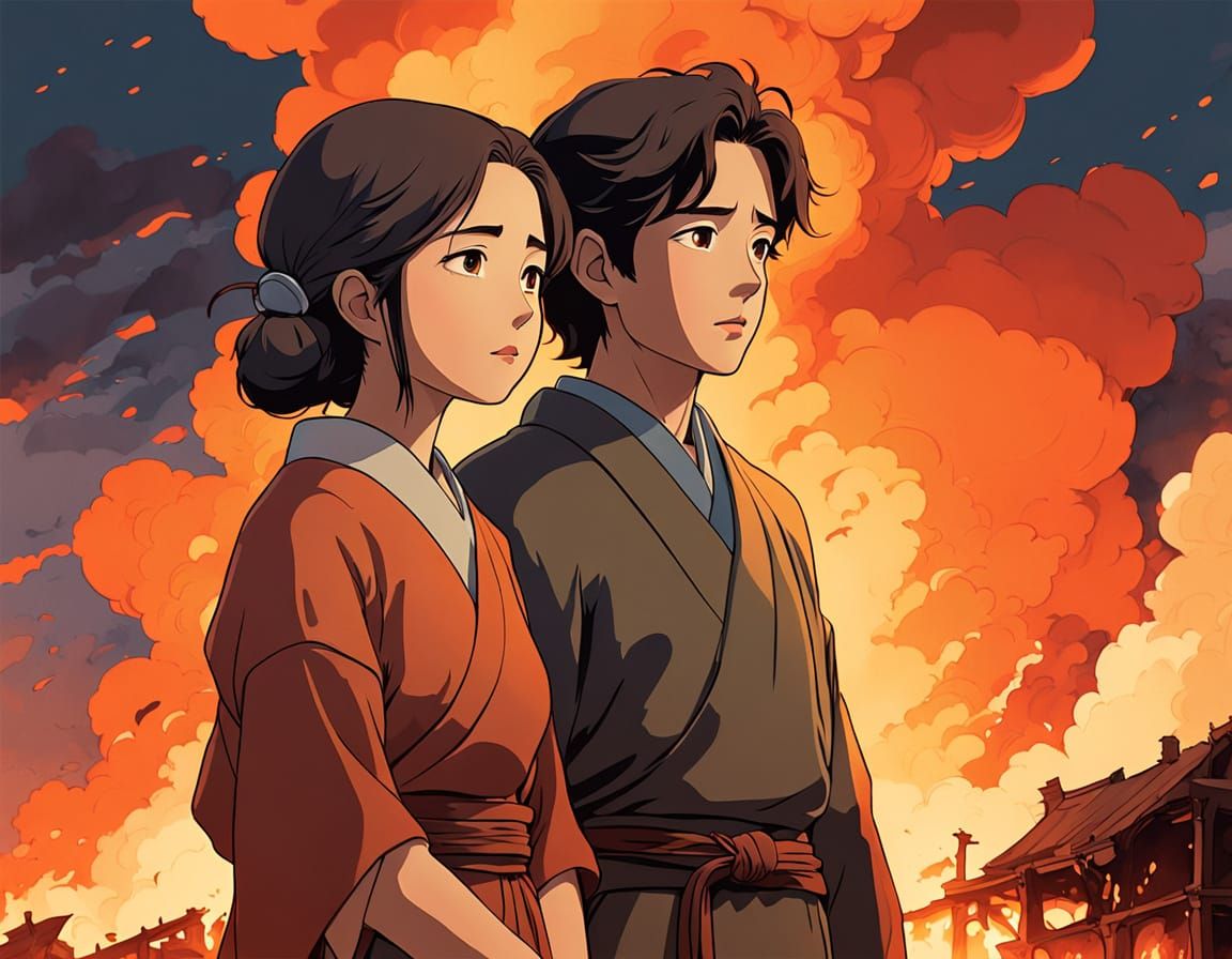 Setsuko and Seita Amidst Ruins in Warm Watercolor-Inspired A...