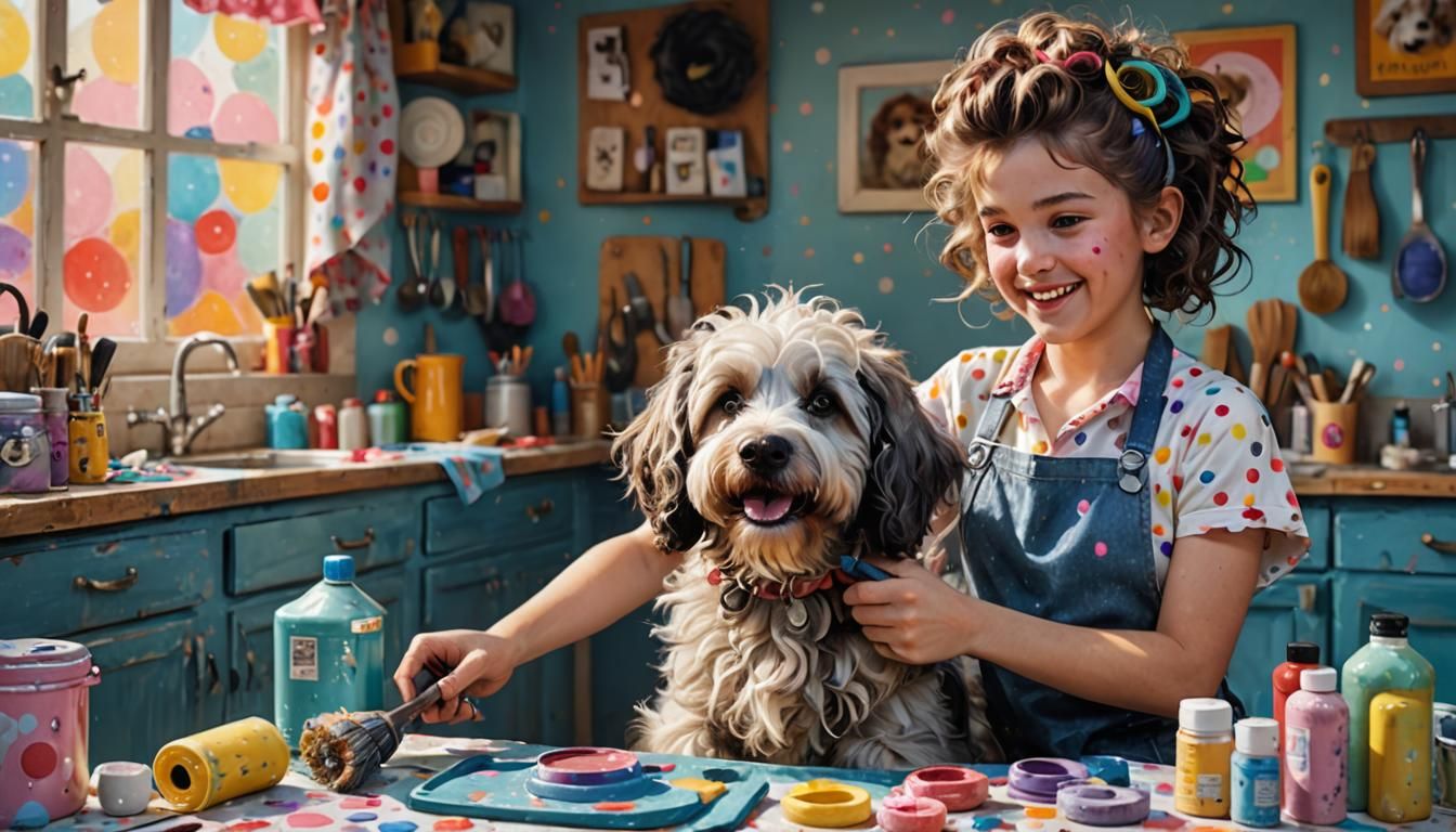 Girl Grooms Dog with Curlers: Hyper-Realistic Concept Art