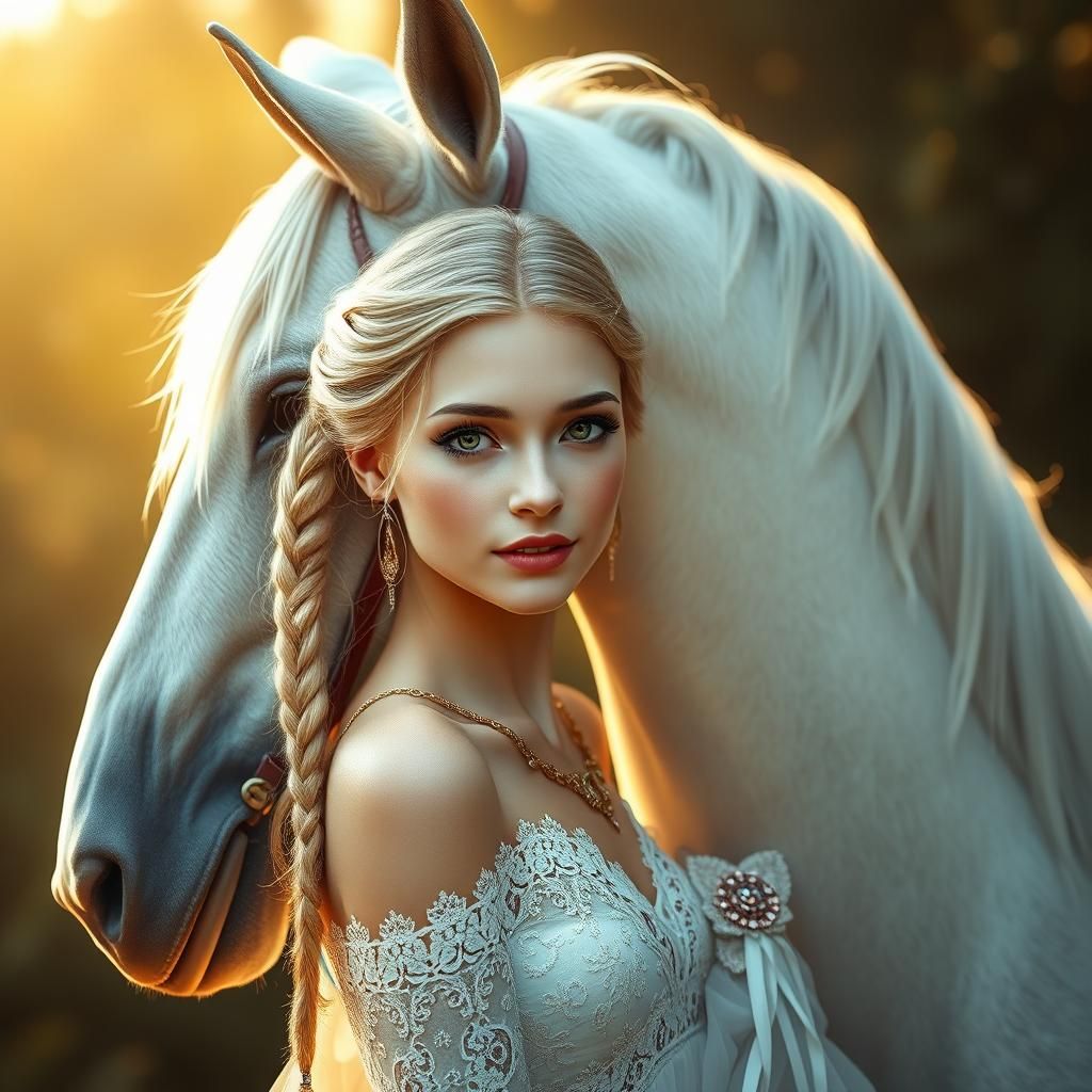 Ethereal Blonde with White Stallion in Hyper-Realistic Style