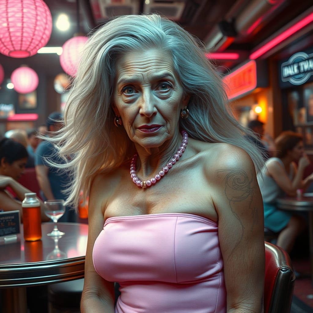 Elderly Transvestite in Pink Dress, Digital Matte Painting