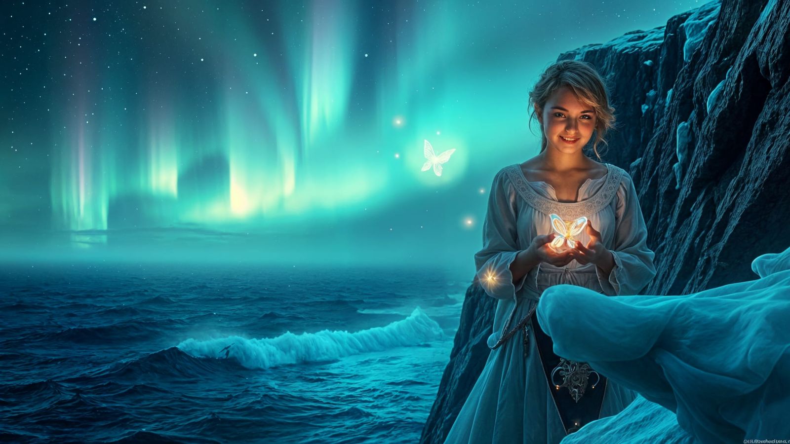 Arctic Beauty Watching Boreal Aurora With Fairies