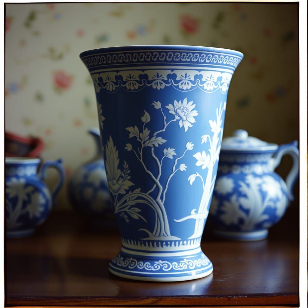 Elegant Blue and White Jasperware Vase in Cinematic Film Sti...