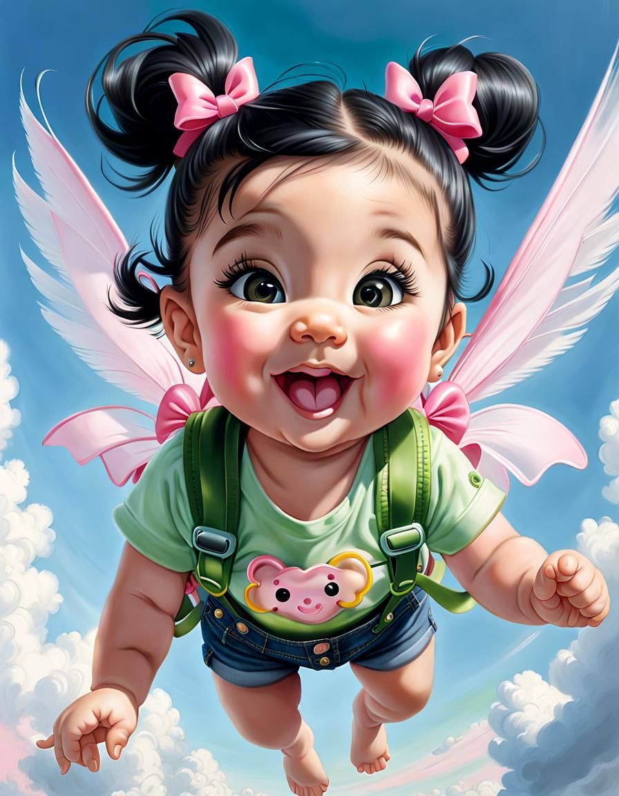 airbrushed oil painting, a whimsical cute baby girl, wispy black hair, a short ponytail with PINK BOWS around each, stic...