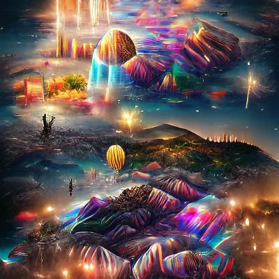 Cosmic Sunset Cityscape with Mountains and Waterfall