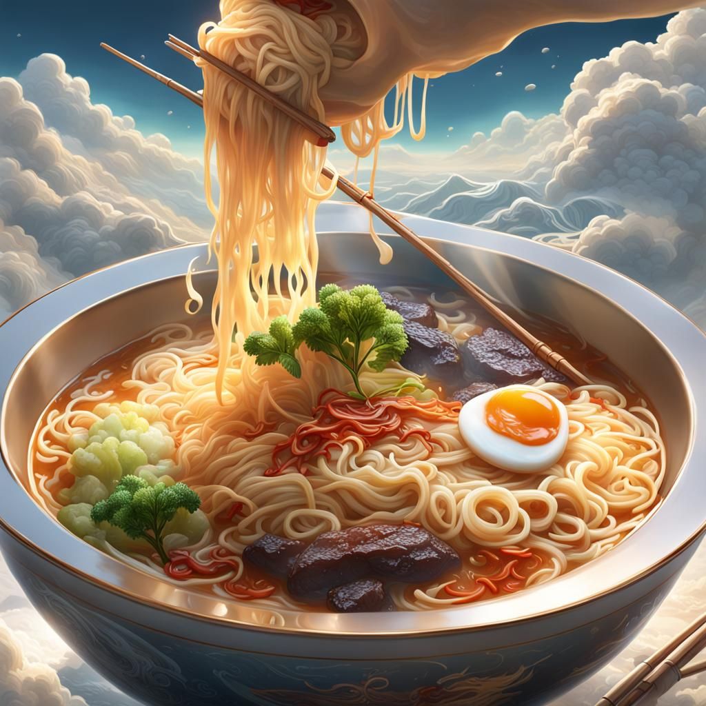 Futuristic Ramen Bowl on Ultrasound Clouds, 3D Art