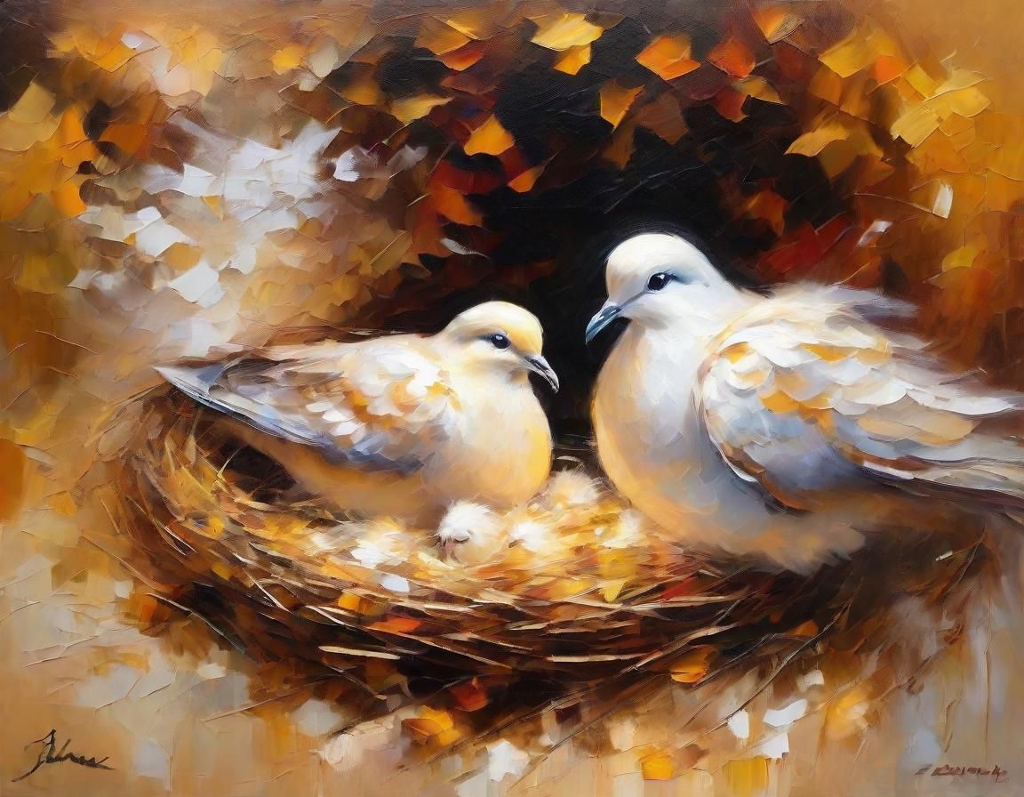Dove Protecting Young: Baroque Oil Painting