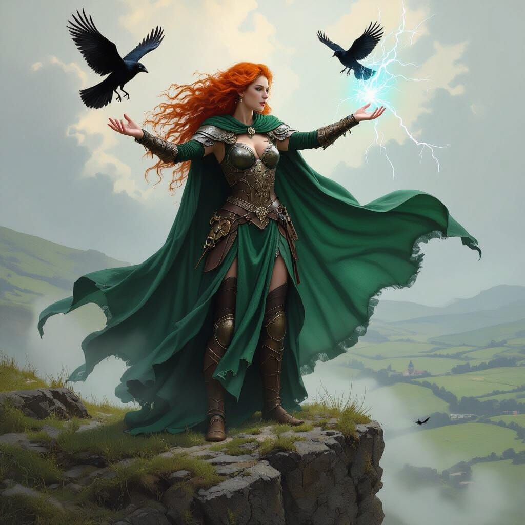 Irish Warrior Queen Summons Ravens in Fantasy Landscape