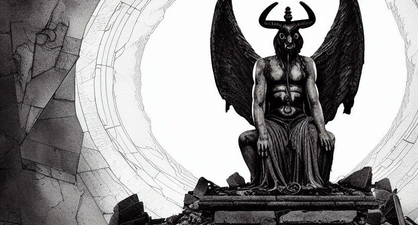 Baphomet Statue in Crumbling Temple: Eerie Graphic Novel