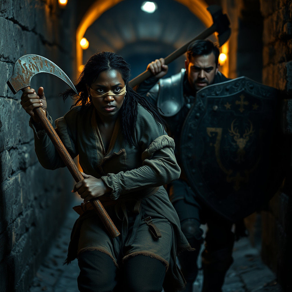 Fierce Leader Charging Through Castle Corridor