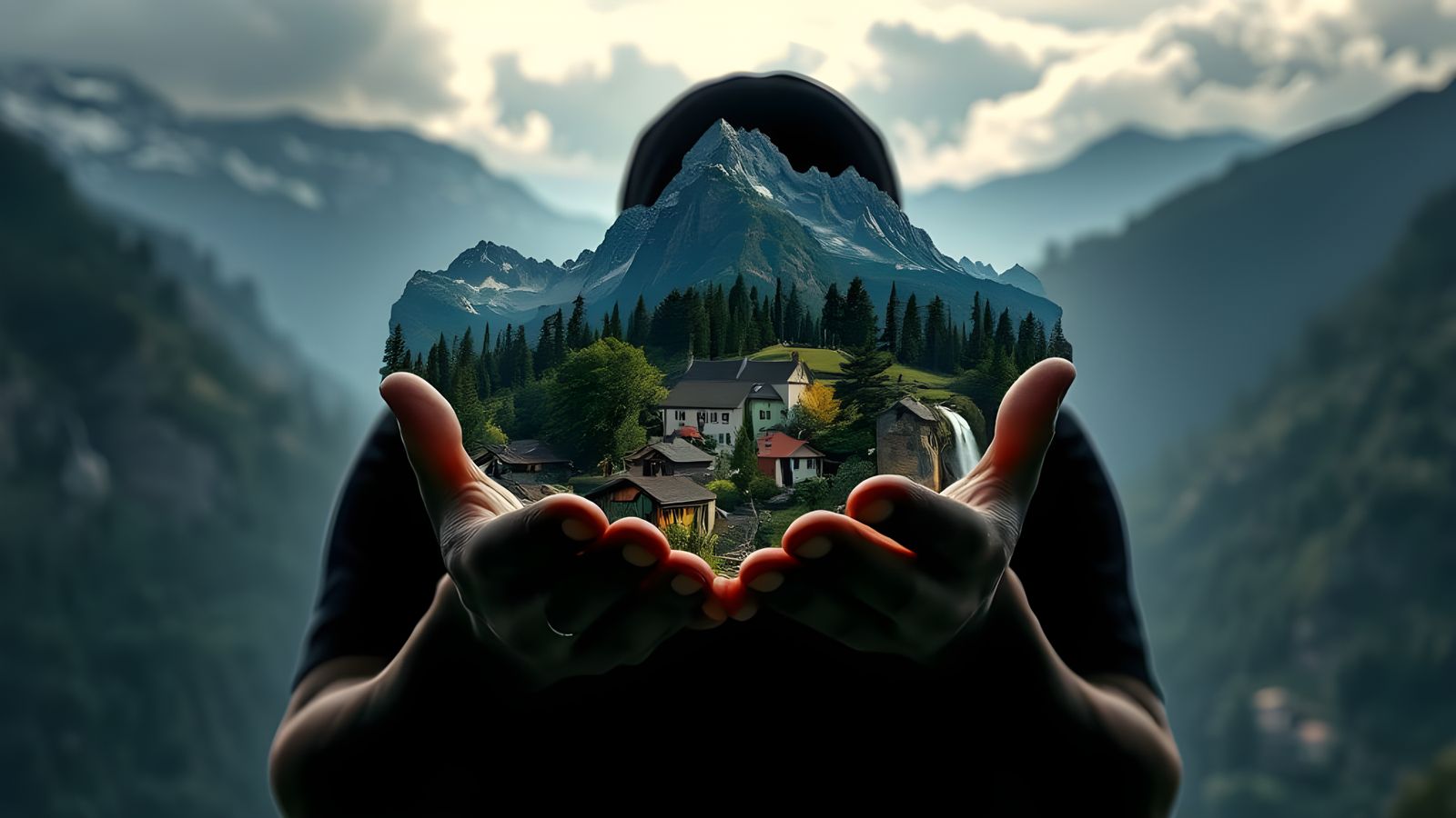 Man Holds Majestic Mountain Landscape in Silhouette