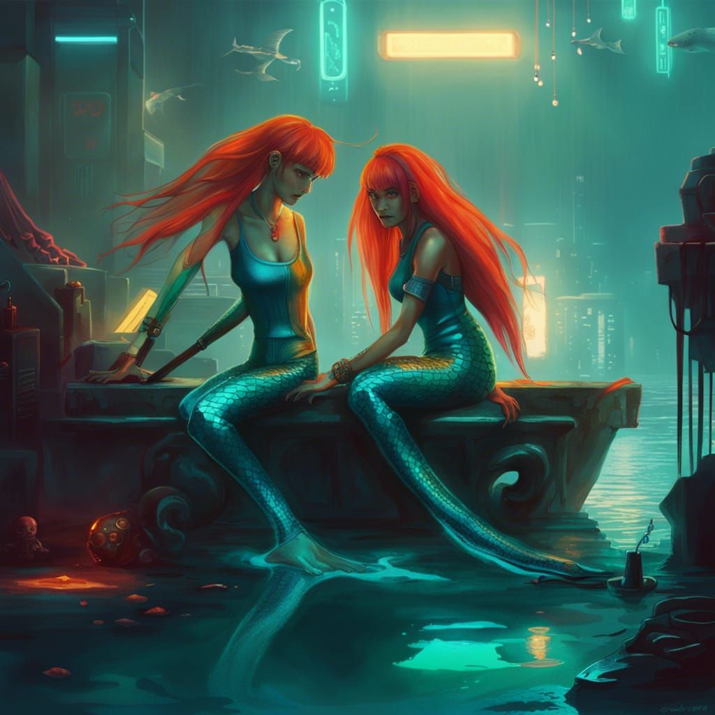 Mermaids in Cyberpunk Neon Setting