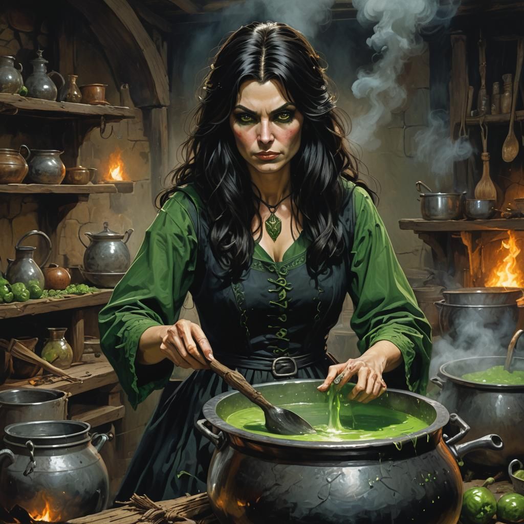 Sinister Green-Eyed Witch Brews Potion